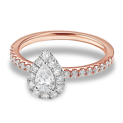 Austin. Pear-Shaped Diamond Halo Engagement Ring 7/8ctw. 14k White & Rose Gold