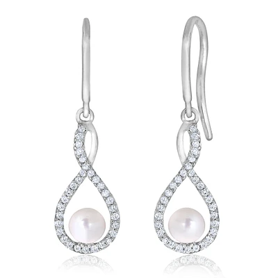 Pearl Twist Dangle Infinity Diamond Earrings in Sterling Silver