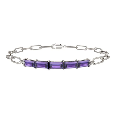 Emerald-Cut Amethyst Diamond Paperclip Bracelet in 10k White Gold