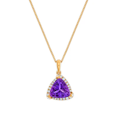 Trilliant-Cut Amethyst Diamond Halo Pendant in 10k Yellow Gold