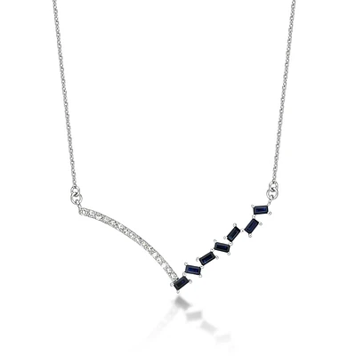 Baguette Sapphire & Diamond V Necklace in 10k White Gold