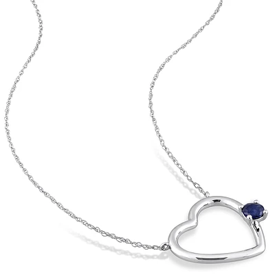 Blue Sapphire Open Heart Necklace in 10k White Gold