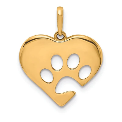 Polished Heart with Paw Print Charm in 14k Yellow Gold