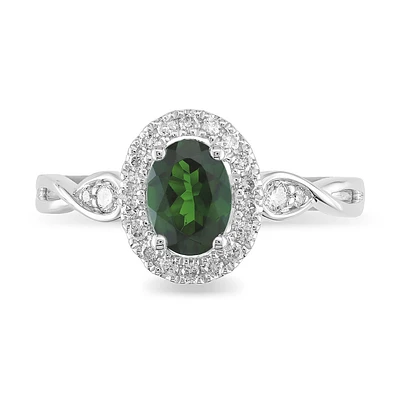 Oval Chrome Diopside & Diamond Halo Ring 10k White Gold