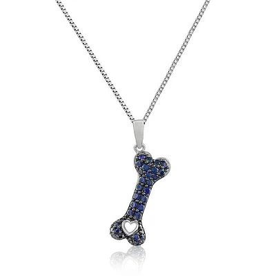 Created Blue Sapphire Dog Bone Pendant in Sterling Silver