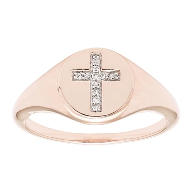 Diamond Cross Signet Ring in 14k Rose Gold