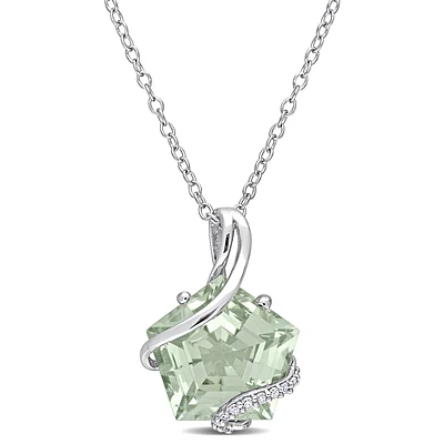 Green Quartz & Diamond Wrapped Pendant in Sterling Silver