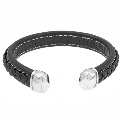 Men's Stainless Steel Black Braided Leather Cuff