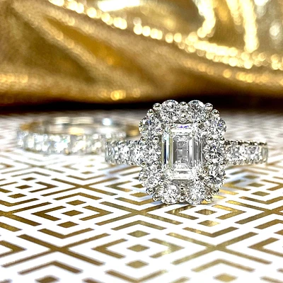 Evelyn. Lab Grown 3ctw. Emerald-Cut Diamond Bridal Set in 14k White Gold