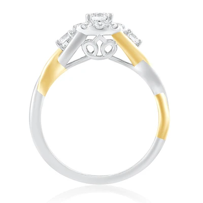 Brilliant-Cut 5/8ctw. Diamond Three-Stone Halo Twist Engagement Ring in 14k Two-Tone Gold