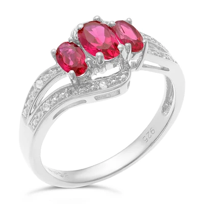 Triple Oval Created Ruby and Created White Sapphire Ring in Sterling Silver