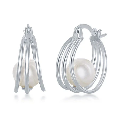 Freshwater Pearl Cradle Triple Hoop Earrings in Sterling Silver