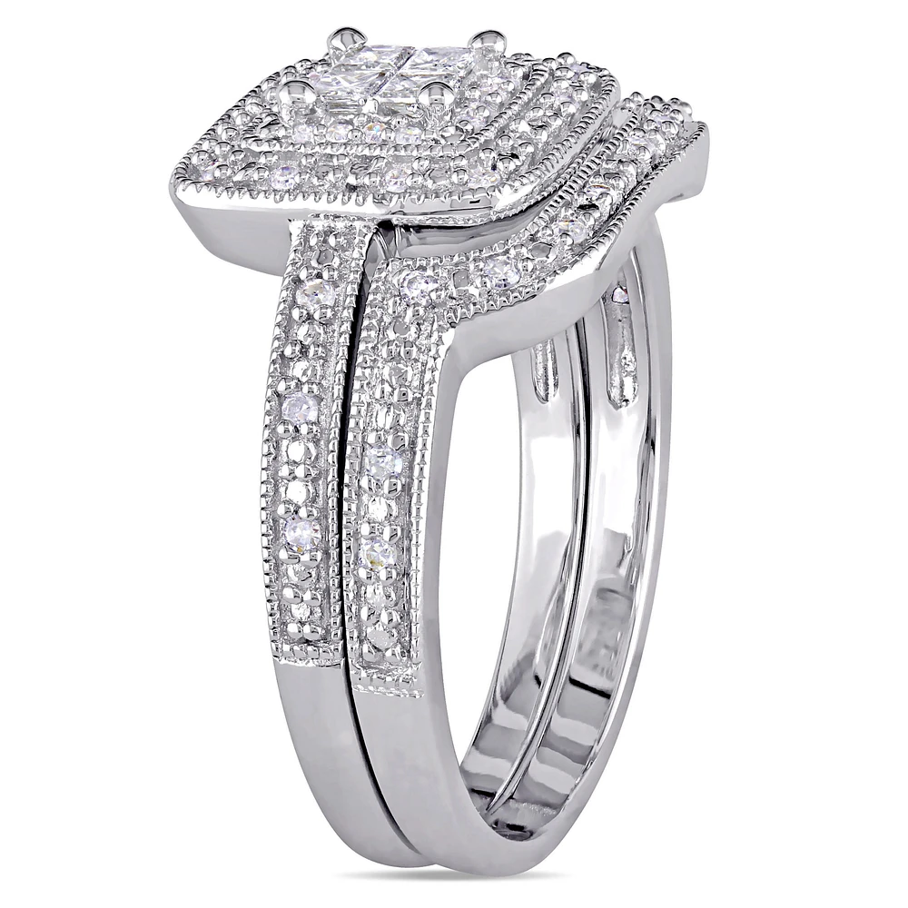 Princess-Cut 1/3ctw Diamond Quad and Round Bridal Set in Sterling Silver