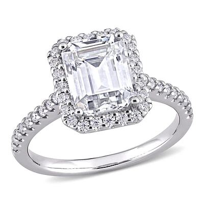 Emerald-Cut Moissanite Halo Engagement Ring 10k White Gold
