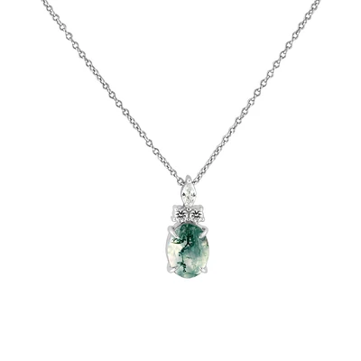 Oval-Cut Moss Agate with Created White Sapphire Pendant in Sterling Silver