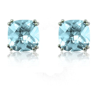 Aquamarine Cushion-Cut Stud Earrings in Sterling Silver