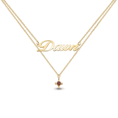 Nameplate Necklace with Birthstone Cross in 10k Yellow Gold