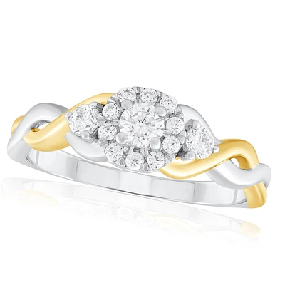 Brilliant-Cut 3/8ctw. Diamond Three-Stone Halo Twist Engagement Ring in 14k Two-Tone Gold