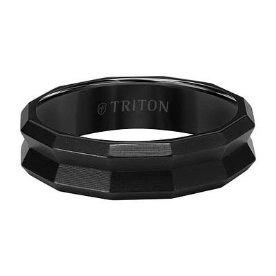 Triton Men's 6mm Black Titanium Comfort Fit Wedding Band with Sandblasted Finish and Faceted Beveled