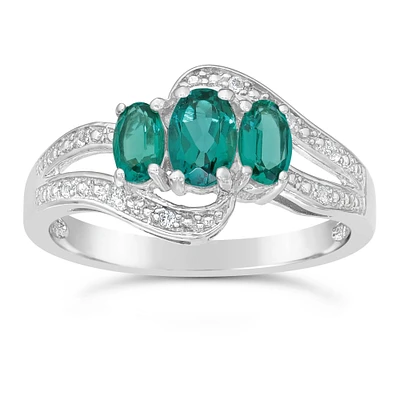 Triple Oval Created Emerald and White Sapphire Ring Sterling Silver