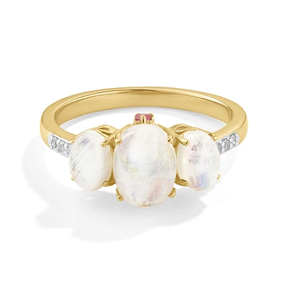 JK Crown Rainbow Moonstone Pink Tourmaline Diamond Ring in 10k Yellow Gold