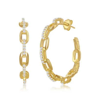 Paperclip Link CZ Crystal Hoop Earrings in Gold Plated Sterling Silver