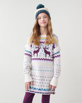 Roots Girl's Fair Isle Sweater Dress in White Mix