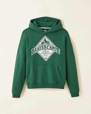 Roots Beaver Canoe Relaxed Hoodie Gender Free in Forest Green