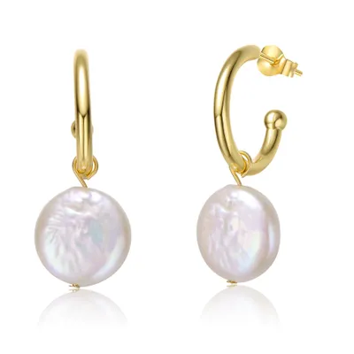Sterling Silver 14k Yellow Gold Plated with White Coin Pearl Drop C-Hoop Earrings