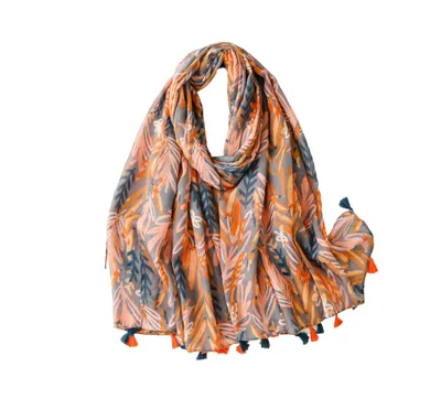 Orange and grey leaves scarf with tassels - Don't AsK