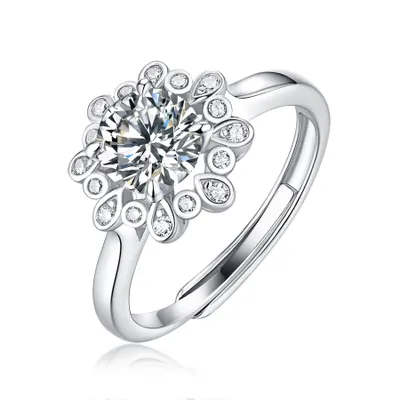 SV Sterling Silver 1ctw Round Lab Created Moissanite Petal Cluster Anniversary Adjustable Ring