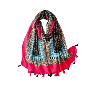 Bright fuchsia with multi patterns scarf with tassels - Don't AsK