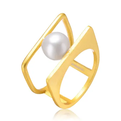 14k Gold Plated with White Genuine Freshwater Pearl Double Band Geometric Square Stacked Ring
