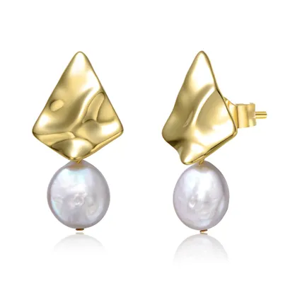 Sterling Silver 14k Yellow Gold Plated with White Coin Pearl Drop Geometric Rippled 3D Double Dangle Earrings