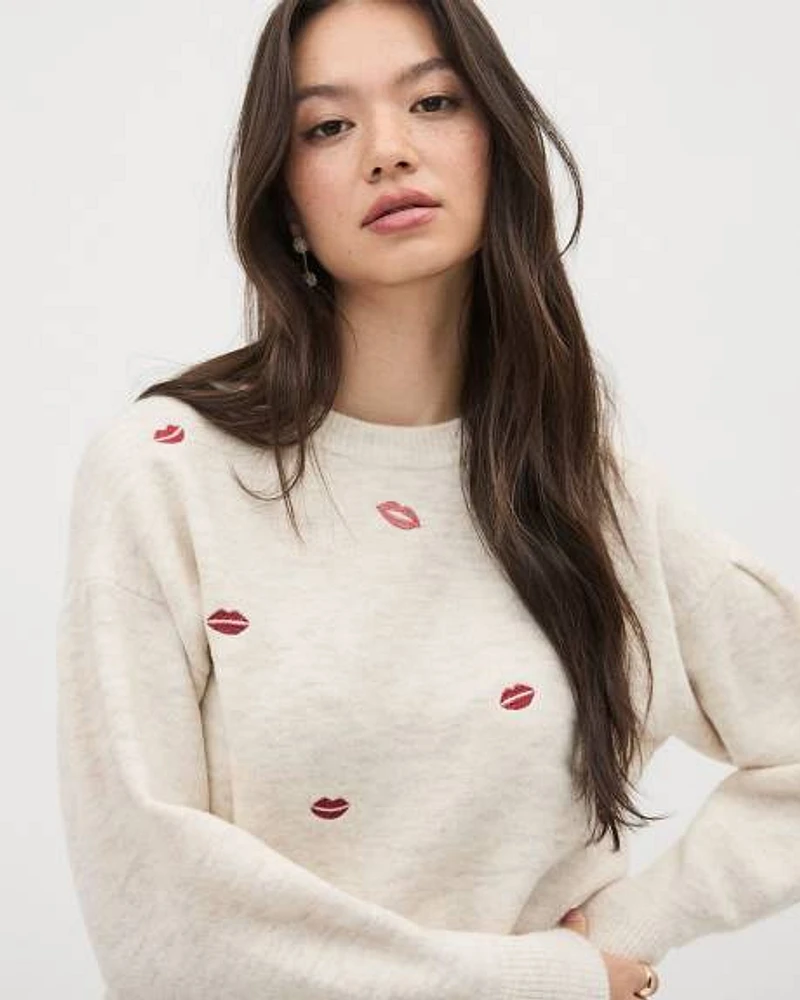 Long-Sleeve Crew-Neck Pullover with Heart Embroideries