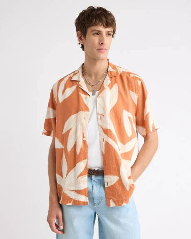 Linen-Blend Short-Sleeve Shirt with Camp Collar