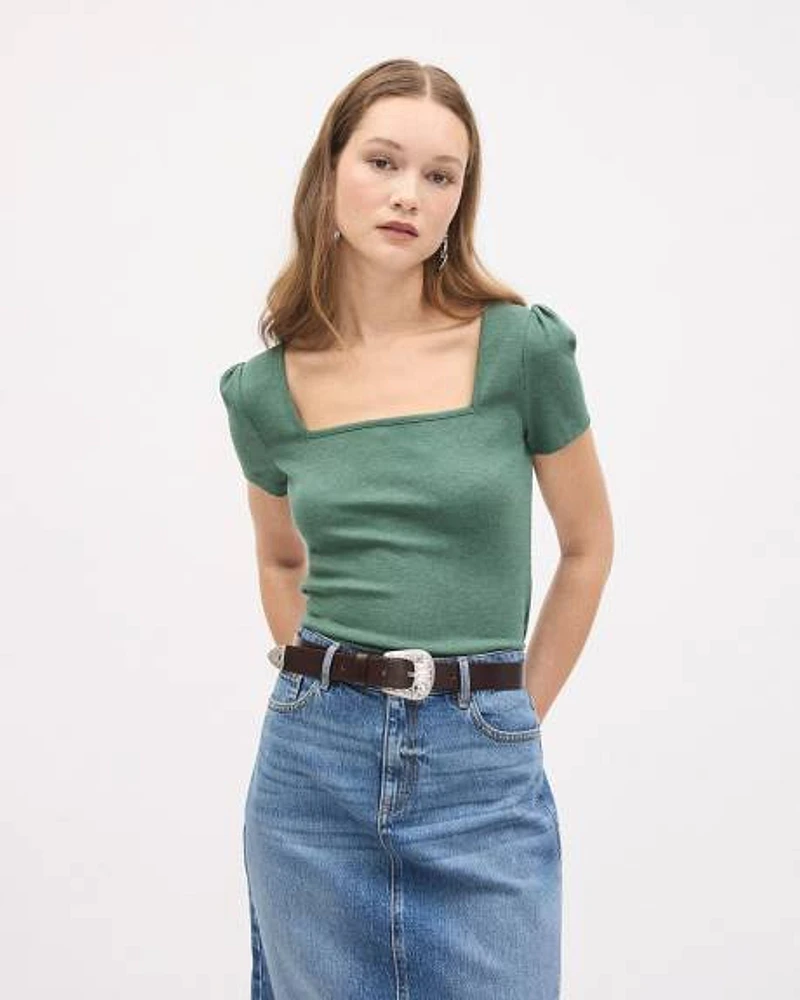 Short-Sleeve Square-Neck Ribbed Top