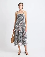 Robe Midi Sans Manches Courtes à Col Carré avec Taille Tombante