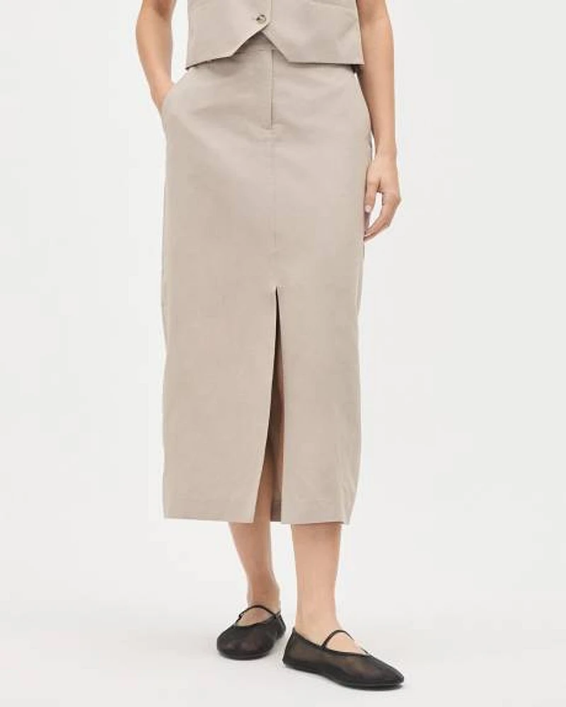 High-Waisted Beige Pencil Midi Skirt