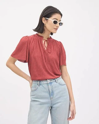 Short-Flutter-Sleeve Split-Neck Top