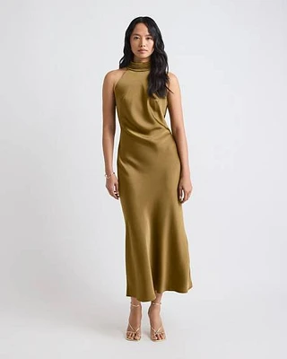 Satin Sleeveless Halter-Neck Midi Cocktail Dress
