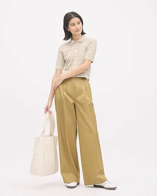 Pantalon en Popeline à Taille Haute et Jambe Large