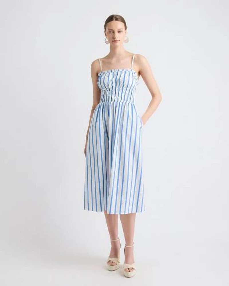 Striped Sleeveless Fit-and-Flare Midi Dress with Smocked Top