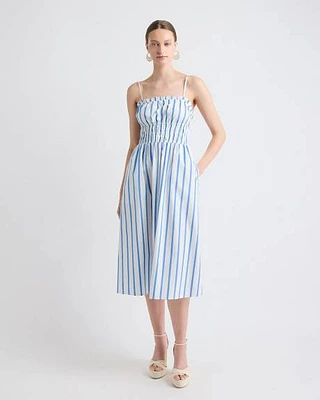 Striped Sleeveless Fit-and-Flare Midi Dress with Smocked Top