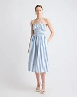 Striped Sleeveless Fit-and-Flare Midi Dress with Smocked Top