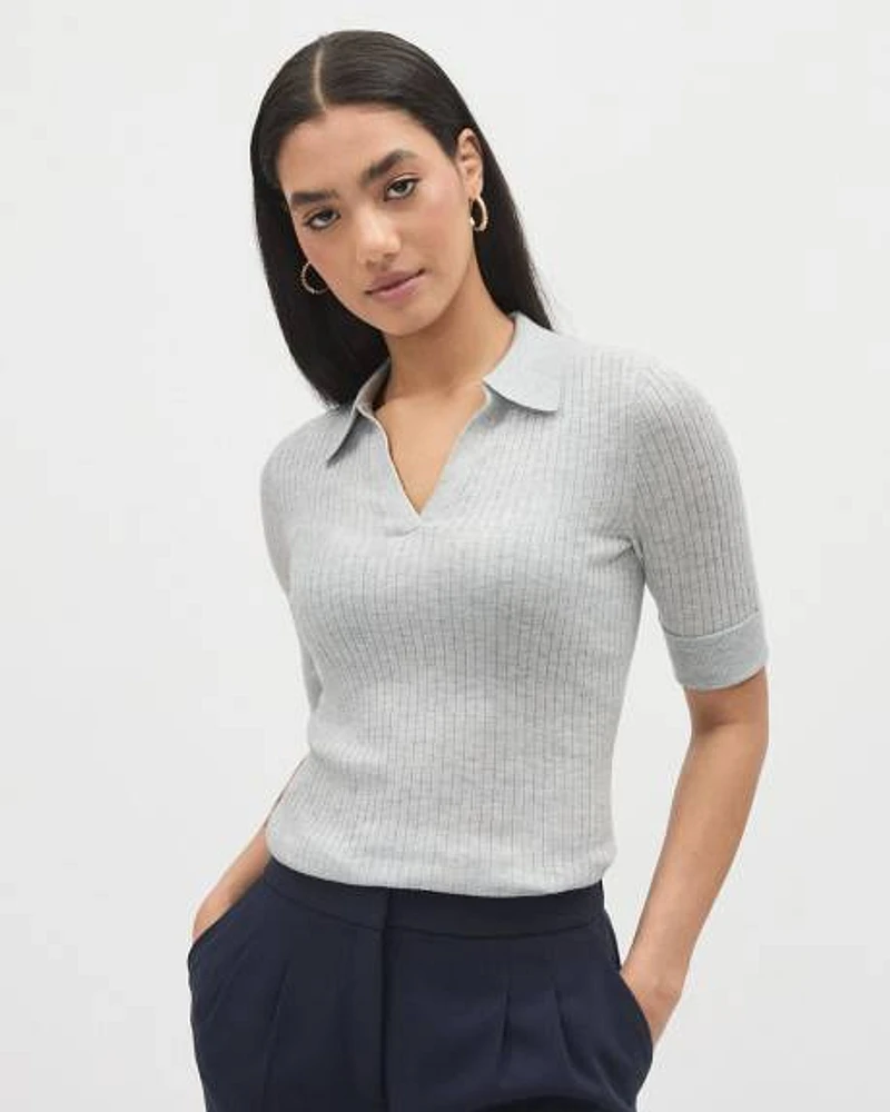 Ribbed Polo Sweater with Elbow Sleeves