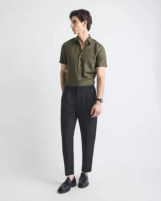 Pleated Solid Tapered-Leg Pant with Elastic Waistband