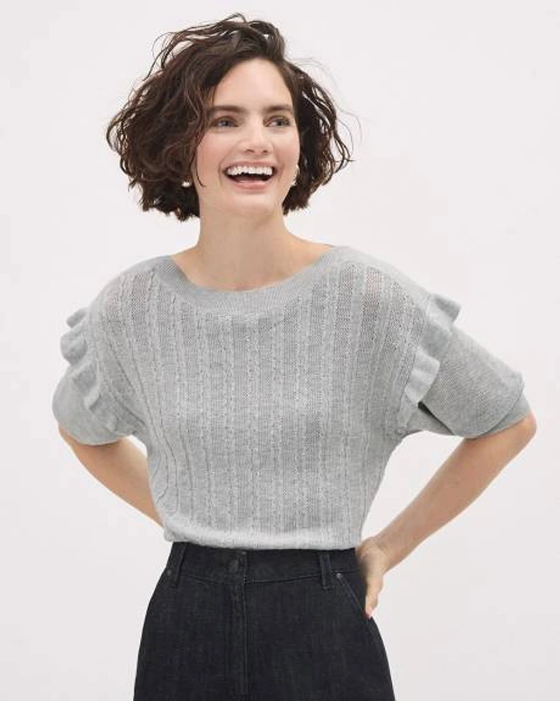 Elbow-Ruffled-Sleeve Boat-Neck Sweater