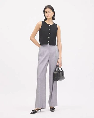 Pantalon en Lin Gris à Jambe Large et Taille Haute