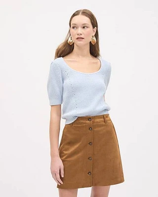 Elbow-Sleeve Square-Neck Cropped Textured Top